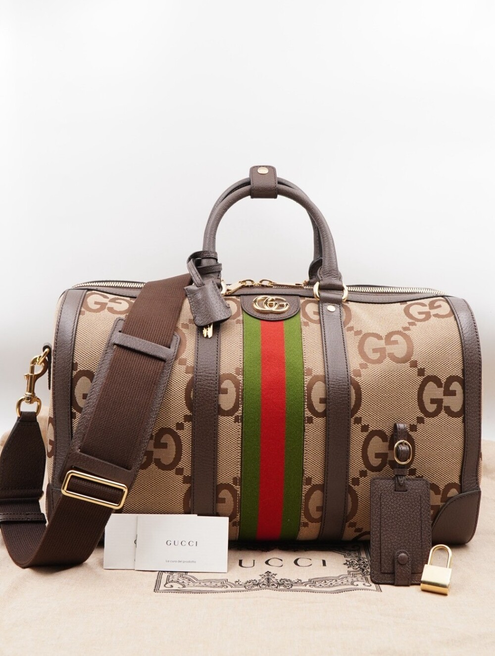 CK66 💕 Gucci Monogram Jumbo GG Textured Dollar Calfskin Web Large Duffle Bag